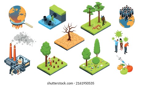 Iconos de problemas ambientales mundiales isométricos fijados con la deforestación y la contaminación de los océanos ilustraciones vectoriales aisladas