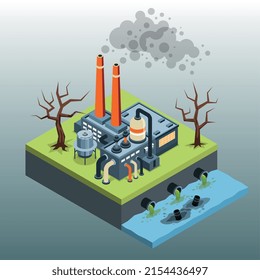 Problemas ambientales mundiales isométricos con la contaminación de plantas en la ilustración de vectores de aire y agua
