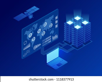 Rede digital de informação global isométrica, processamento de big data, estação de energia do futuro, rack de sala de servidor, conceito de data center. Ilustração isométrica vetorial