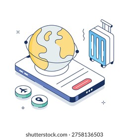 Isometric global location illustration with world map and pin for international travel concepts