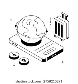 Isometric global location illustration with world map and pin for international travel concepts