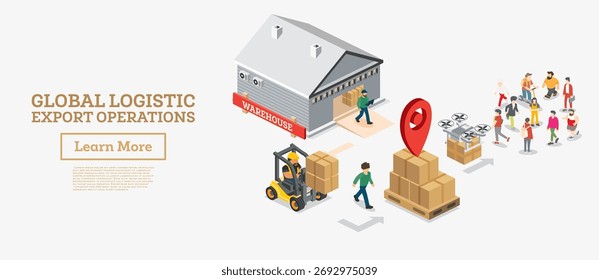 Isometric global logistics export operations with a warehouse, forklift, pallet boxes, and people. Concept of international delivery and supply chain management. Vector illustration.