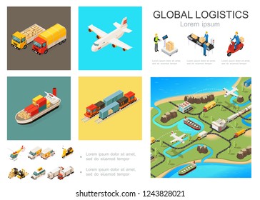 Isometric global logistics infographic concept with trucks airplane ship train helicopter scooter cars forklift packaging conveyor belt courier world distribution network vector illustration