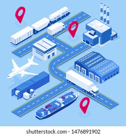 Red logística global isométrica. Carga aérea, transporte ferroviario, transporte marítimo, almacén, buque contenedor. Entrega puntual. Vehículos diseñados para transportar grandes cantidades de carga