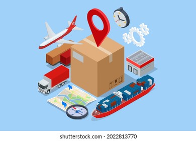 Isometric Global Logistics Network. Air cargo trucking rail transportation maritime shipping On-time delivery Vehicles designed to carry large numbers of cargo