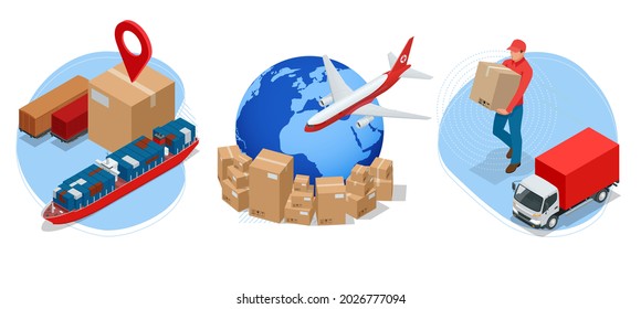Isometric global logistics network. Air cargo, rail transportation, maritime shipping, warehouse, container ship, city skyline on the world map. - Shutterstock ID 2026777094