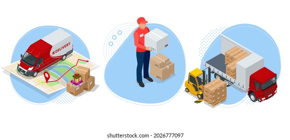 Isometric Global Logistics Network. Air Cargo, Rail Transportation, Maritime Shipping, Warehouse, Container Ship, City Skyline On The World Map.