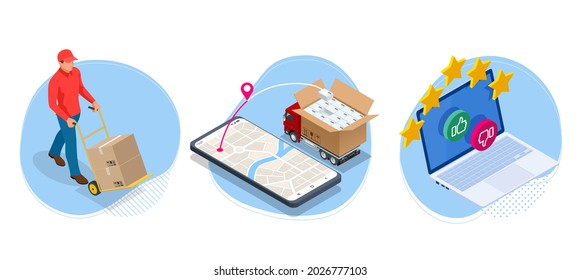 Isometric global logistics network. Air cargo, rail transportation, maritime shipping, warehouse, container ship, city skyline on the world map.