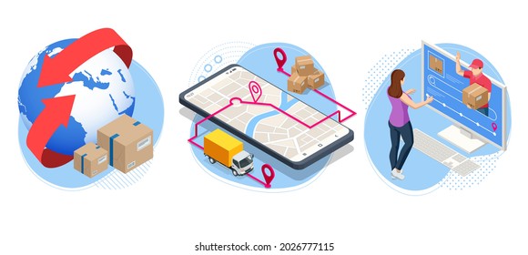 Isometric global logistics network. Air cargo, rail transportation, maritime shipping, warehouse, container ship, city skyline on the world map.