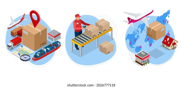 Isometric global logistics network. Air cargo, rail transportation, maritime shipping, warehouse, container ship, city skyline on the world map.