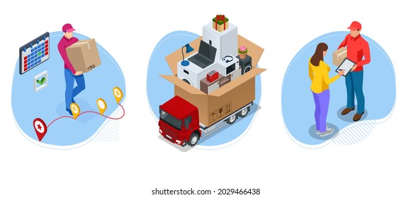 Isometric global logistics network. Air cargo, rail transportation, maritime shipping, warehouse, container ship, city skyline on the world map.