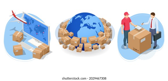 Isometric global logistics network. Air cargo, rail transportation, maritime shipping, warehouse, container ship, city skyline on the world map.