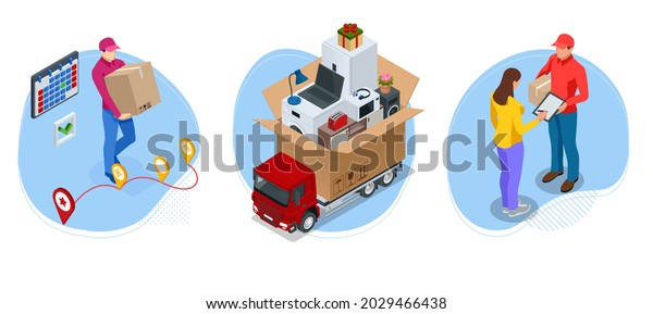 Isometric global logistics network. Air cargo, rail\
transportation, maritime shipping, warehouse, container ship, city\
skyline on the world\
map.