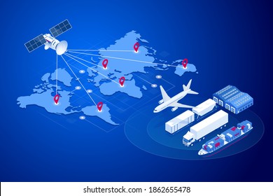 Isometric Global logistics network concept. Freight shipping. Satellite tracks the movement of freight transport. Maritime, air shipping transport logistic, warehouse storage concept, export or import