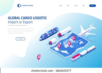 Isometric Global logistics network concept. Freight shipping. Satellite tracks the movement of freight transport. Maritime, air shipping transport logistic, warehouse storage concept, export or import