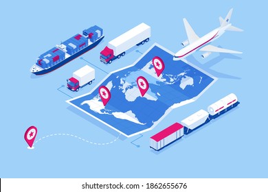 Isometric Global logistics network concept. Freight shipping. Satellite tracks the movement of freight transport. Maritime, air shipping transport logistic, warehouse storage concept, export or import