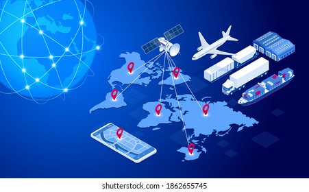 Isometric Global logistics network concept. Freight shipping. Satellite tracks the movement of freight transport. Maritime, air shipping transport logistic, warehouse storage concept, export or import