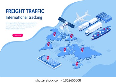 Isometric Global logistics network concept. Freight shipping. Satellite tracks the movement of freight transport. Maritime, air shipping transport logistic, warehouse storage concept, export or import