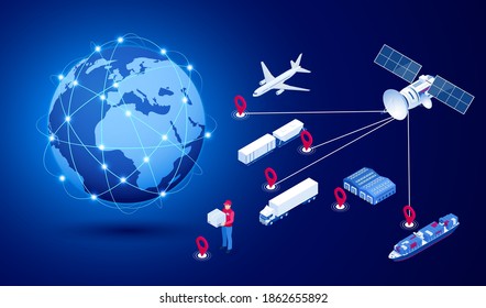 Concepto de red logística global isométrica. Envío de mercancías. El satélite realiza un seguimiento del transporte de mercancías. Logística del transporte marítimo, aéreo, de almacenamiento, exportación o importación