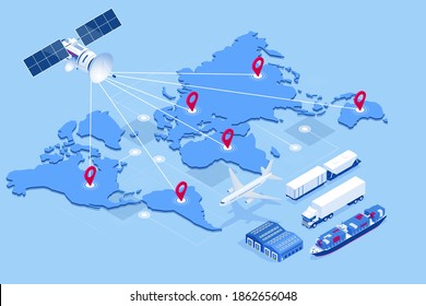 Isometric Global logistics network concept. Freight shipping. Satellite tracks the movement of freight transport. Maritime, air shipping transport logistic, warehouse storage concept, export or import