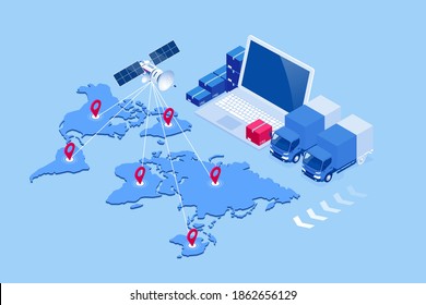 Isometric Global Logistics Network Konzept. Frachtbeförderung. Satellit verfolgt den Güterverkehr. Logistik im Seeverkehr, Luftverkehr, Lagerungskonzept, Aus- oder Einfuhr