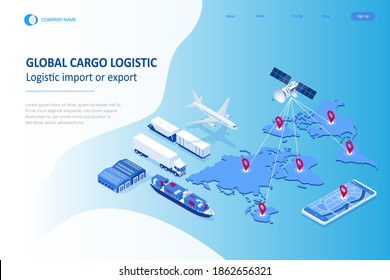 Isometric Global logistics network concept. Freight shipping. Satellite tracks the movement of freight transport. Maritime, air shipping transport logistic, warehouse storage concept, export or import