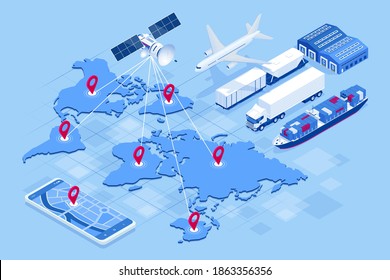 Isometric Global logistics network concept. Freight shipping. Satellite tracks the movement of freight transport. Maritime, air shipping transport logistic, warehouse storage concept, export or import