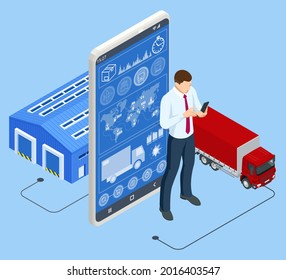 Isometric Global logistics network concept. Interactive panel for tracking cargo online. Maritime, air shipping transport logistic, warehouse storage concept, export or import