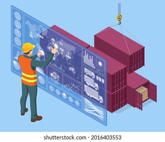 Isometric Global logistics network concept. Interactive panel for tracking cargo online. Maritime, air shipping transport logistic, warehouse storage concept, export or import