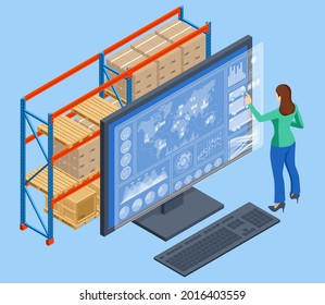 Isometric Global logistics network concept. Interactive panel for tracking cargo online. Maritime, air shipping transport logistic, warehouse storage concept, export or import