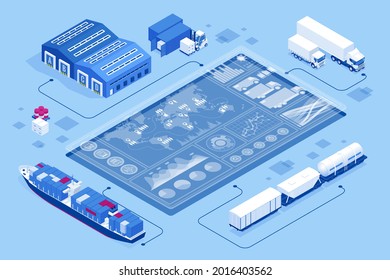 Isometric Global logistics network concept. Interactive panel for tracking cargo online. Maritime, air shipping transport logistic, warehouse storage concept, export or import