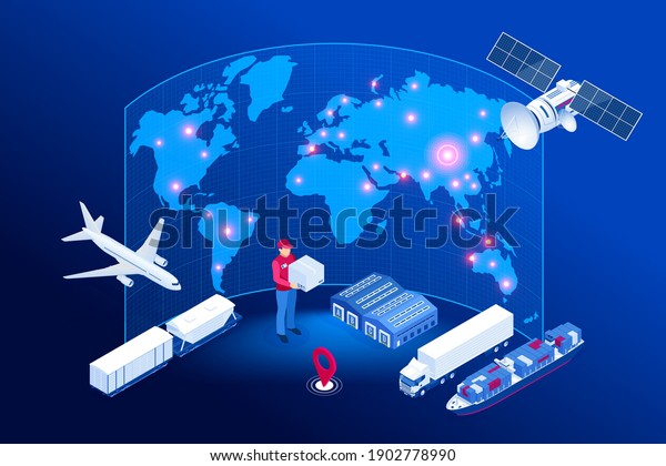 Isometric Global logistics network concept.\
Freight shipping. Satellite tracks the movement of freight\
transport. Maritime, air shipping transport logistic, warehouse\
storage concept, export or\
import