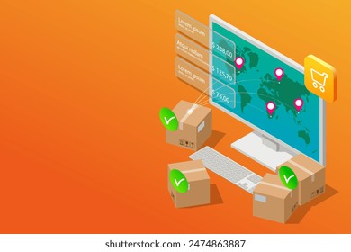 Isometric global logistics network. Fast delivery, shopping online, Internet payments, protection money transfer, online bank