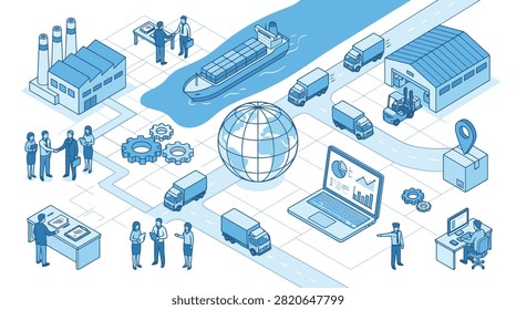 Isometric global logistics supply chain network with transport and business team