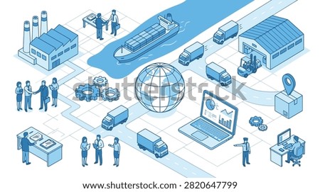 Isometric global logistics supply chain network with transport and business team