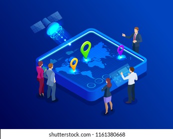 Isometric global network coverage world map. Map global logistics partnership connection. On-time delivery. International logistics company