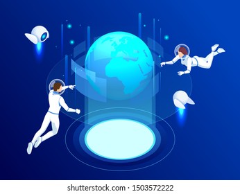 Isometric Global Network planet Earth. Astronauts Monitors Work of Artificial Intelligence. Professional IT Engineers Working in System Control Center.