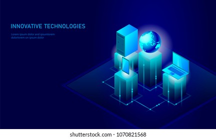 Isometric global networking planet Earth business concept. Blue glowing isometric personal information data connection pc smartphone future technology. 3D infographic vector illustration