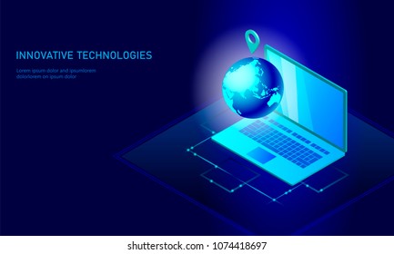 Isometric global networking planet Earth business concept. Asia China India Japan worlwide connection international information data exchange vector illustration