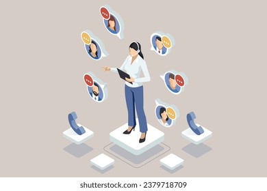 Isometric global online technical support with call center operators using headsets on computers for customer service and efficient call processing