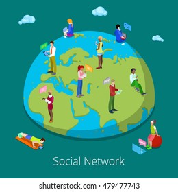 Isometric Global People Communication Concept. Chatting Through Electronic Devices. Vector illustration