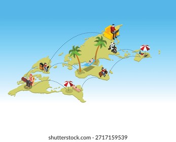 Isometric Global Remote Work and Digital Nomad Lifestyle Concept 3d vector illustration