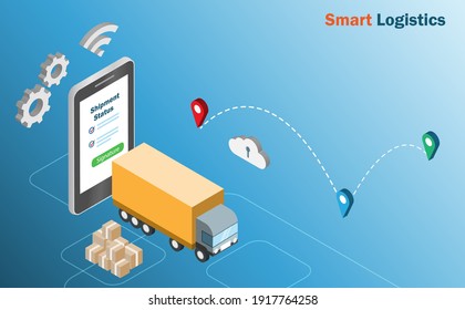 Isometric Global Smart Logistics. Online Shipment Tracking Status On Smartphone With Truck And Carton Boxes. Logistics And Supply Chain Distribution, Transportation Technology Concept.