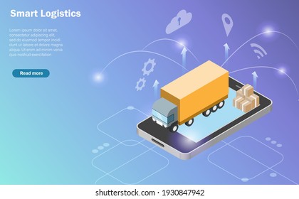 Isometric Global Smart Logistics.  Truck And Carton Boxes On Smartphone With Virtual Delivery Icons. Logistics And Supply Chain Distribution, Transportation Technology Concept.