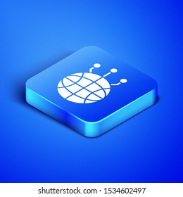 Isometric Global technology or social network icon isolated on blue background. Blue square button. Vector Illustration