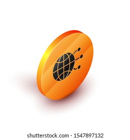 Isometric Global technology or social network icon isolated on white background. Orange circle button. Vector Illustration