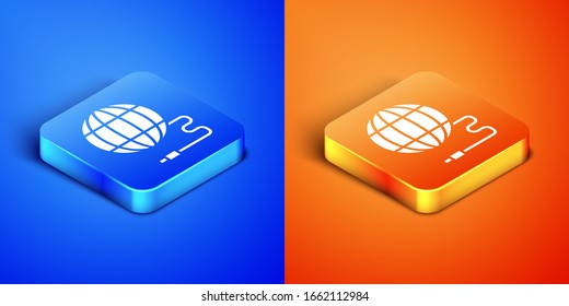 Isometric Global Technology o un icono de red social aislado en azul y naranja. Botón cuadrado. Ilustración vectorial