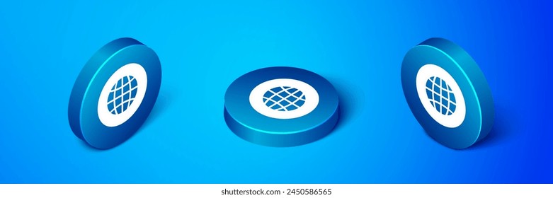 Isometric Global technology or social network icon isolated on blue background. Blue circle button. Vector