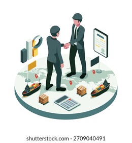 Acuerdo isométrico de comercio global entre socios comerciales sobre un mapa mundial. Concepto de Acuerdo de Comercio Global