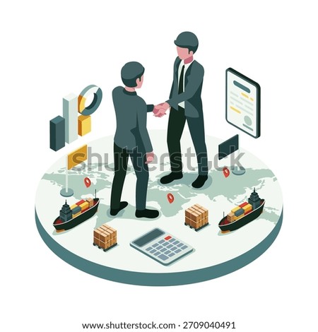 Isometric Global Trade Agreement Between Business Partners Over a World Map. Global Trade Agreement Concept